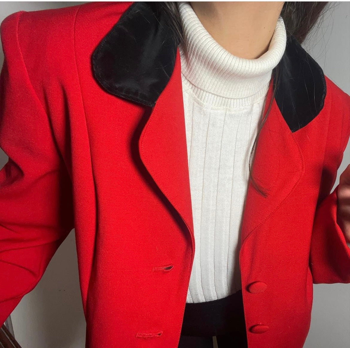 90s bright red button up black velvet collared blazer .Fits best S